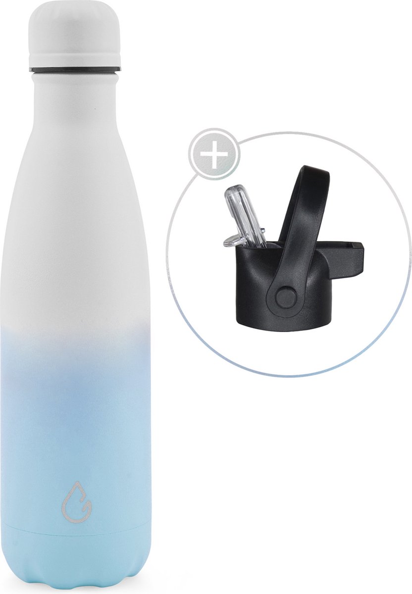 Wattamula Design eco RVS drinkfles - mix wit/blauw - extra dop met rietje en carrier - 500 ml - waterfles - thermosfles - sport