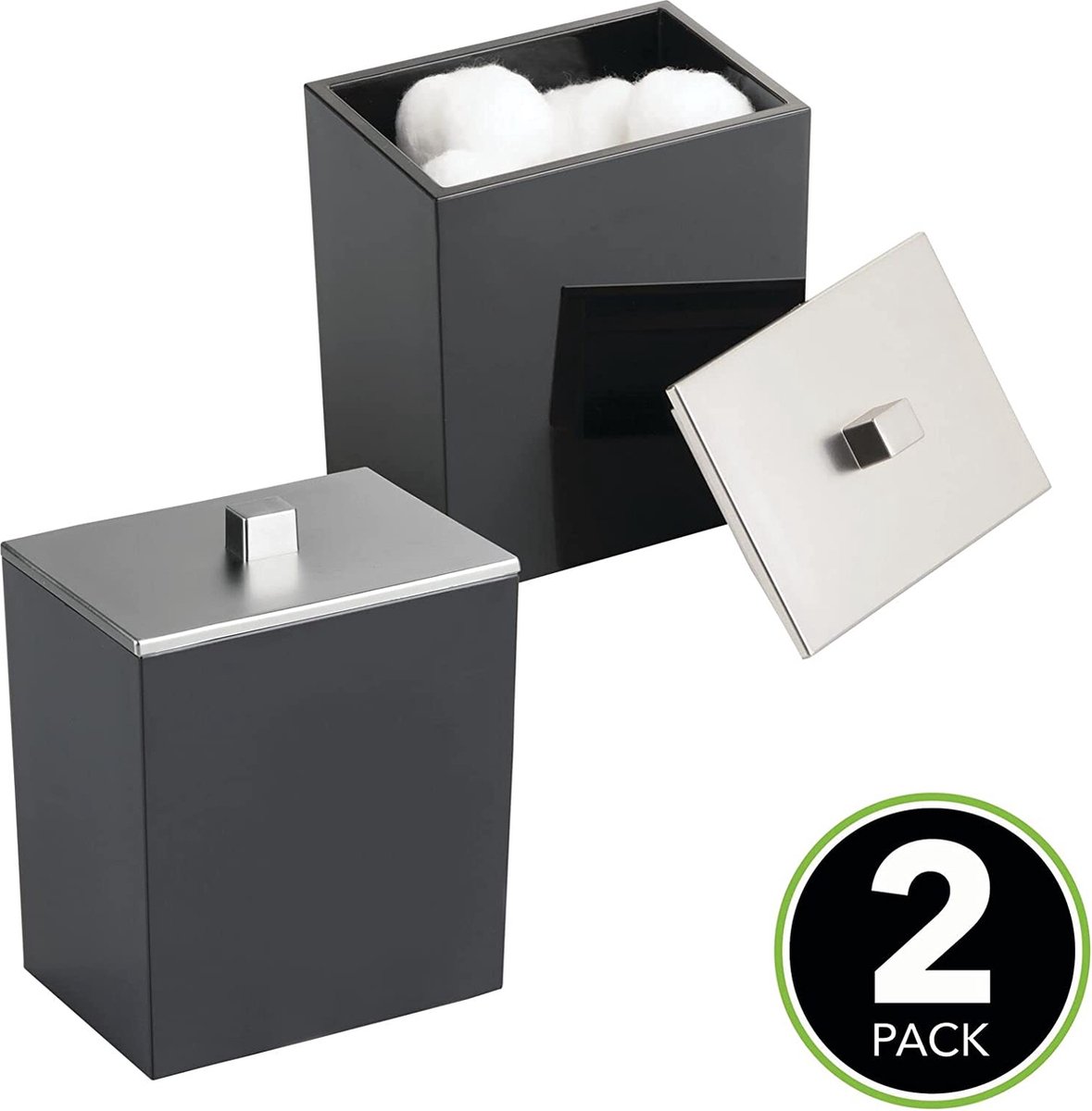 Set van 2: wattenschijfdispenser en wattenstaafjes - vierkante bewaardoos met praktische deksel - badkameraccessoire van kunststof voor cosmetica, Matzwart/matzilverkleuren