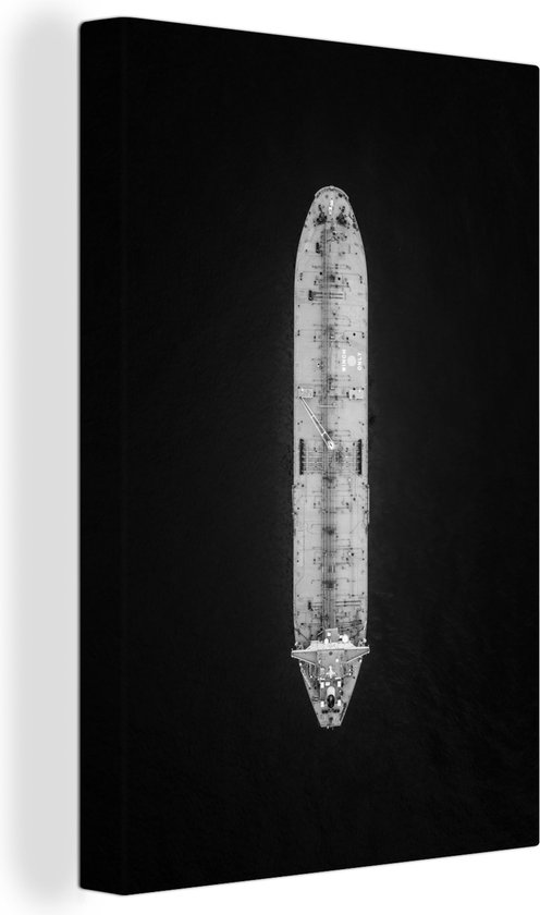 Canvas Schilderij Groot schip op de zee - zwart wit - 20x30 cm - Wanddecoratie