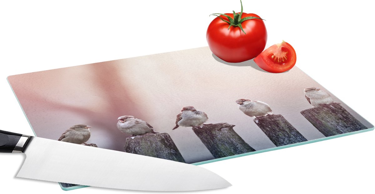 Glazen Snijplank - 28x20 - Vogels - Mussen - Paaltjes - Hout - Snijplanken Glas