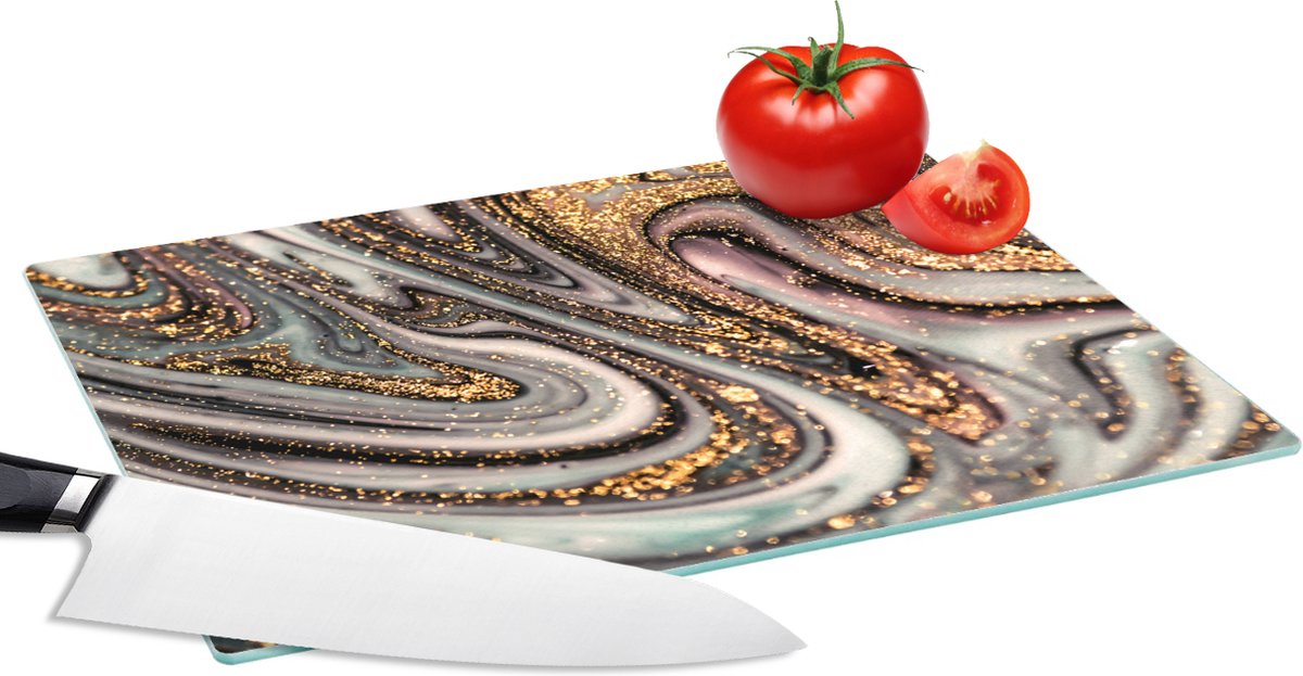 Glazen Snijplank - 28x20 - Marmerlook - Goud - Glitter - Luxe - Marmer - Wit - Snijplanken Glas