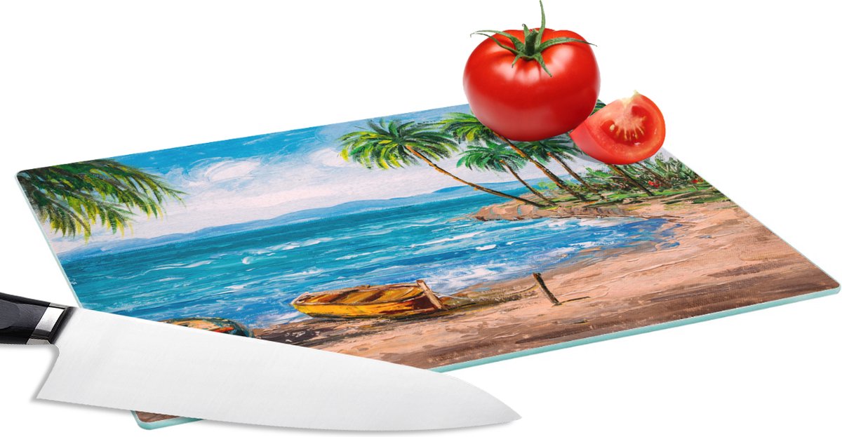 Glazen Snijplank - 28x20 - Schilderij - Olieverf - Strand - Palmboom - Boot - Snijplanken Glas