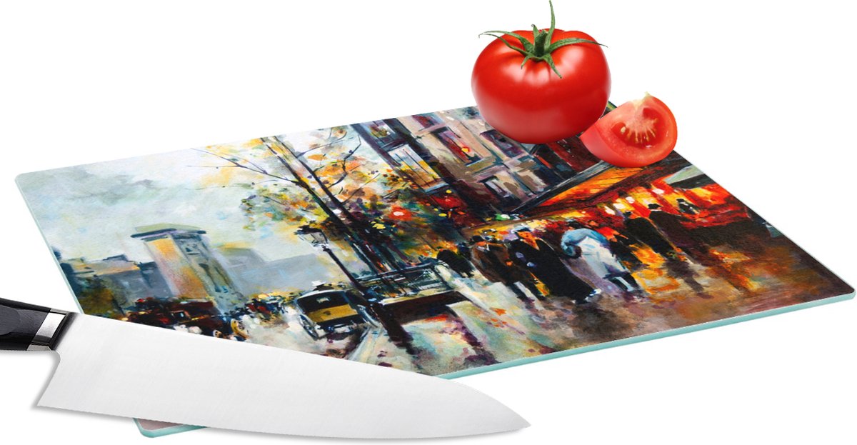 Glazen Snijplank - 28x20 - Schilderij - Stad - Olieverf - Snijplanken Glas