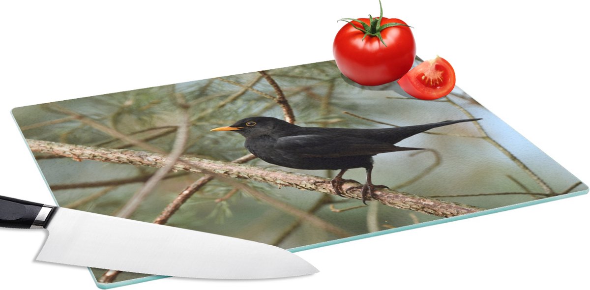 Glazen Snijplank - 39x28 - Vogel - Merel - Takken - Dieren - Snijplanken Glas