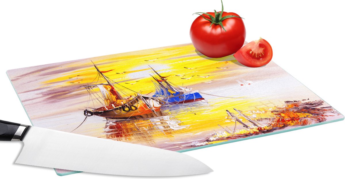 Glazen Snijplank - 28x20 - Schilderij - Boot - Water - Olieverf - Snijplanken Glas