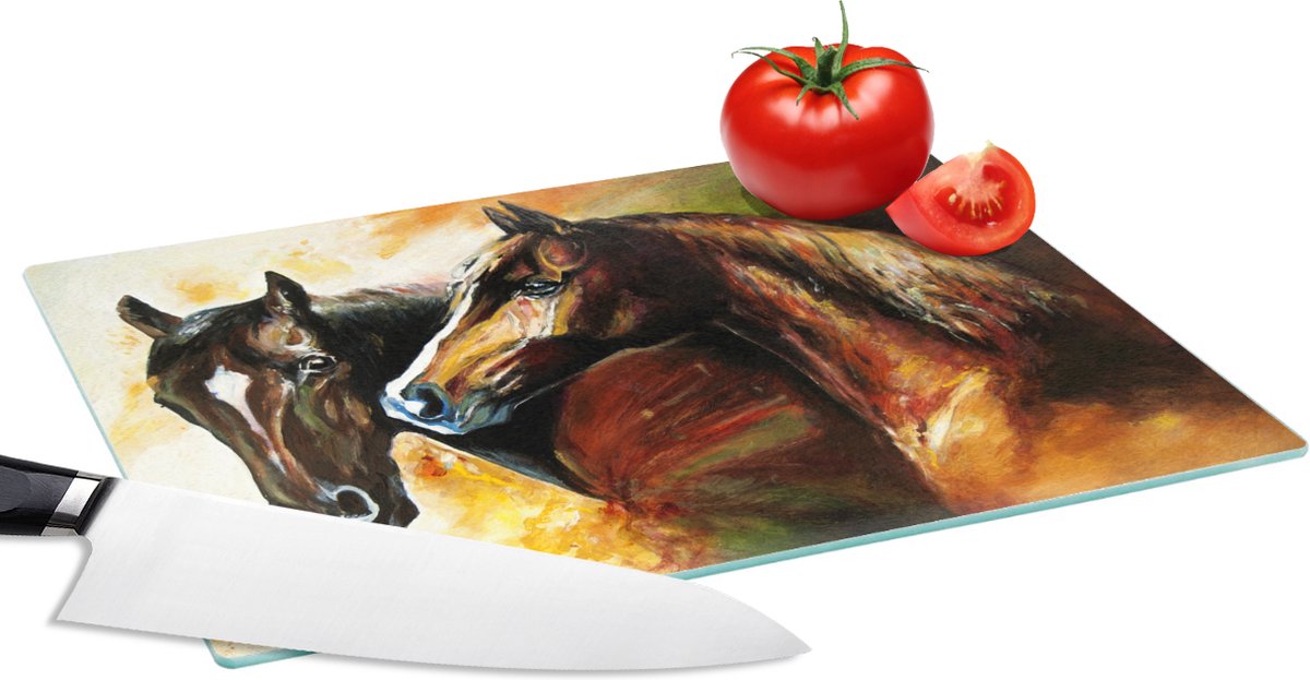 Glazen Snijplank - 28x20 - Schilderij - Paarden - Dieren - Olieverf - Snijplanken Glas