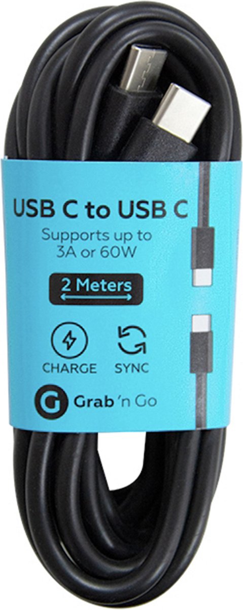 Grab n Go USB-C naar USB-C Kabel 2 Meter - Zwart