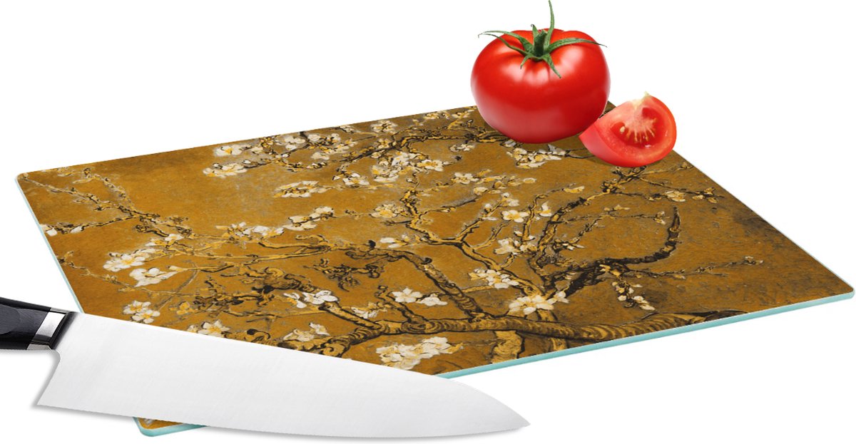 Glazen Snijplank - 28x20 - Amandelbloesem - Kunst - Van Gogh - Goud - Snijplanken Glas