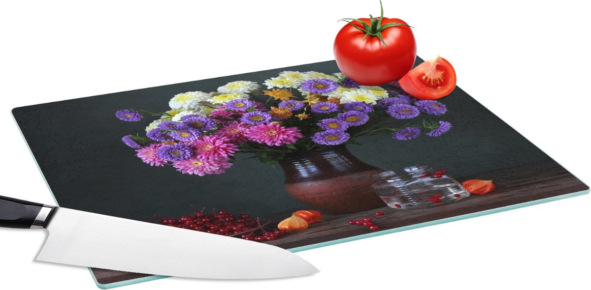 Glazen Snijplank - 39x28 - Chrysanten - Kleuren - Stilleven - Snijplanken Glas