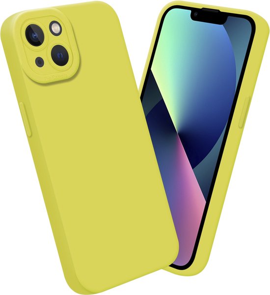 Coque de téléphone jaune citron et téléphone pour iPhone 14 PLUS, avec des éclaboussures de peinture jaune citron.