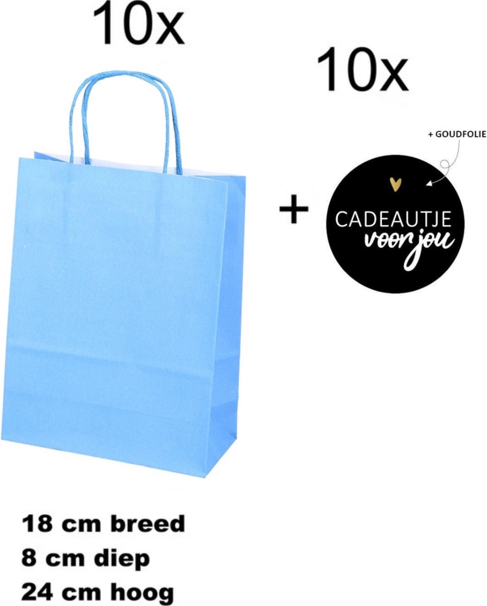 10x Geschenktassen Blauw - 10x Sluitstickers - Cadeautje voor jou hartje - 18+8x24cm - 40mm - 10 stuks - Cadeautasje - Tassen - Geschenk - Verpakkingen - Geschenktasjes - Blauw- Uitdelen - Trakteren - Luxe inpakken - Uitdeeltraktatie - Cadeautasje