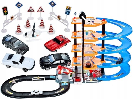 COSTWAY Parkhaus Holz, Parkgarage mit 3 Etagen & 4 Autos & Aufzug, Autogarage Spielzeug für Kinder ab 3 Jahren