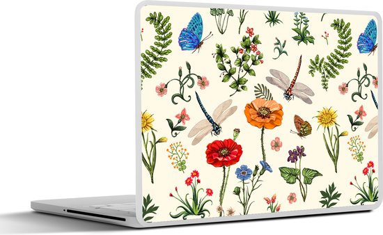 Skin pour ordinateur portable avec un motif de papillons bleus, de libellules, de coquelicots rouges et orange, de fleurs jaunes et de fougères sur fond crème.