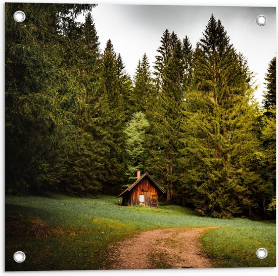 WallClassics - Tuinposter – Klein Houten Hutje bij Bomen - 50x50 cm Foto op Tuinposter  (wanddecoratie voor buiten en binnen)