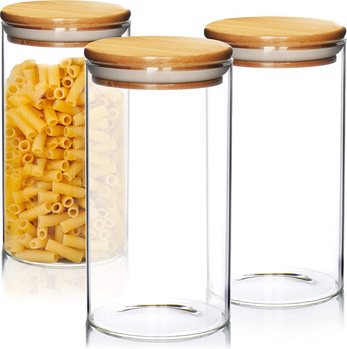 COM-FOUR® 3x voorraadpotten met bamboe deksel, luchtdichte herbruikbare glazen containers van borosilicaatglas, 1,3 liter (1,3 l - 3 stuks)