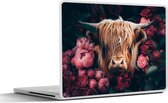 Laptop sticker - 15.6 inch - Koe - Schotse hooglander - Bloemen - botanisch - 36x27,5cm - Laptopstickers - Laptop skin - Cover