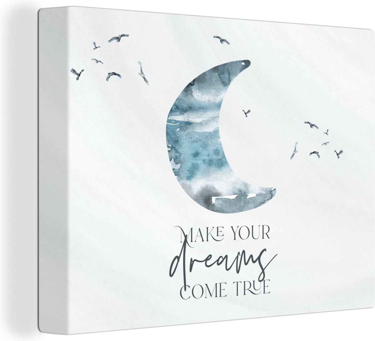 Canvasdoek kinderen - Maan - Blauw - Waterverf - Quotes - Kind - Make your dreams come true - Kinderkamer decoratie - 40x30 cm - Muurdecoratie kinderkamers - Foto op Canvas