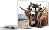 Laptop sticker - 13.3 inch - Schotse hooglander - Bloemen - Hoorn - 31x22,5cm - Laptopstickers - Laptop skin - Cover