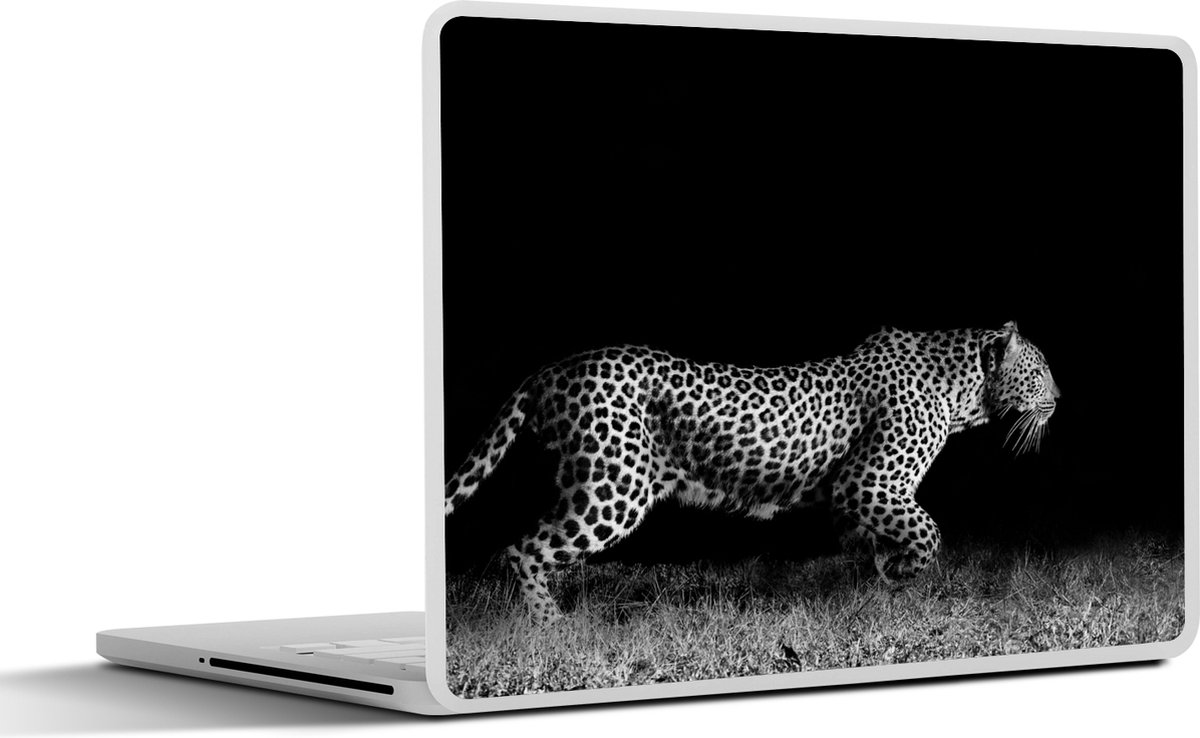 Laptop sticker - 13.3 inch - Wilde dieren - Luipaard - Gras - Zwart - Wit - 31x22,5cm - Laptopstickers - Laptop skin - Cover