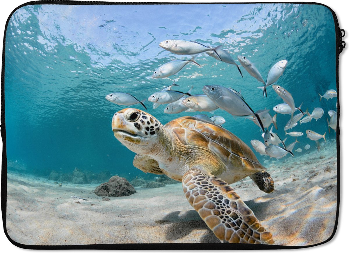 Laptophoes 14 inch - Schildpad - Vis - Zee - Laptop sleeve - Binnenmaat 33x23 cm - Zwarte achterkant