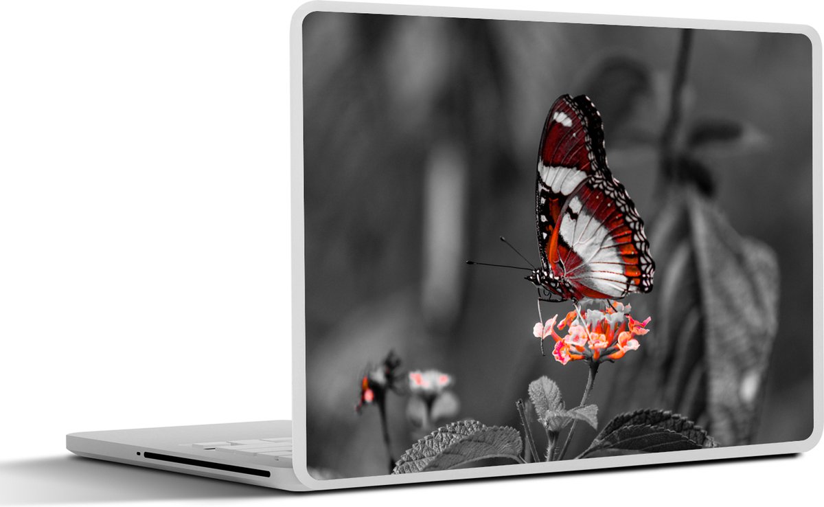 Laptop sticker - 10.1 inch - Vlinder - Dieren - Bloemen - Zwart wit - Oranje - 25x18cm - Laptopstickers - Laptop skin - Cover