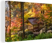 Canvas Schilderij Een huisje met Japanse esdoorns - 120x80 cm - Wanddecoratie