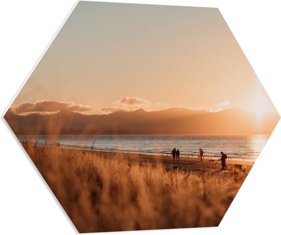 WallClassics - PVC Schuimplaat Hexagon  - Zon Verdwijnend achter Bergen bij Strand - 80x69.6 cm Foto op Hexagon (Met Ophangsysteem)