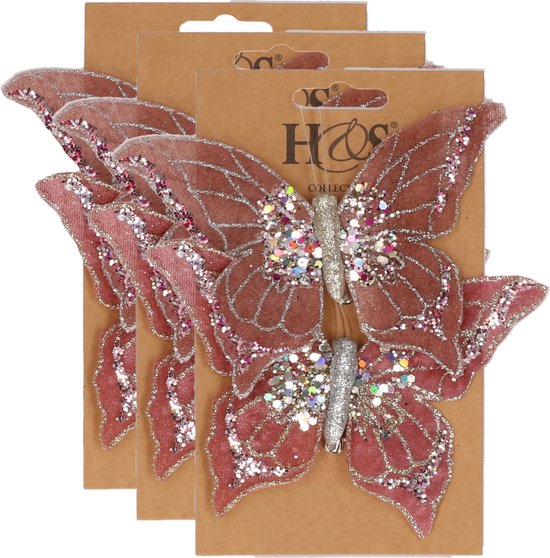 6x stuks kunststof decoratie vlinders op clip roze 10 x 15 cm - vlindertjes versiering - Kerstboomversiering