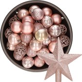Decoris Kerstballen - 37x stuks - 6 cm - met ster piek - lichtroze - kunststof