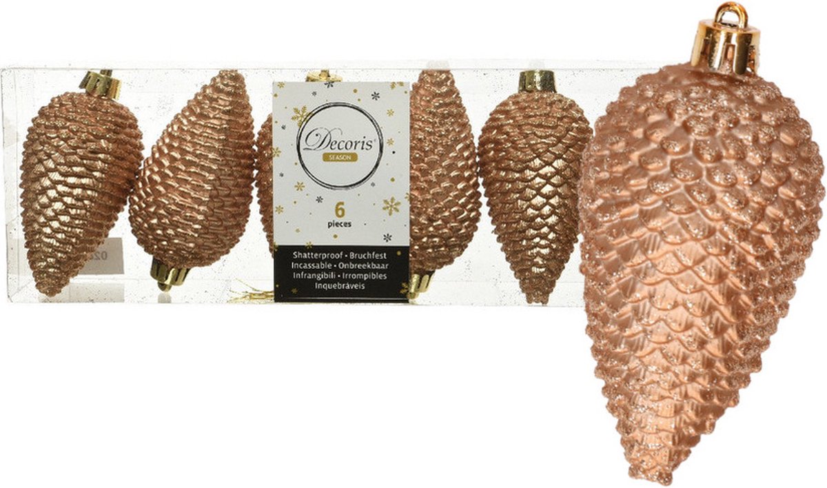Decoris dennenappels kersthangers 6x st - bruin 8 cm - kunststof