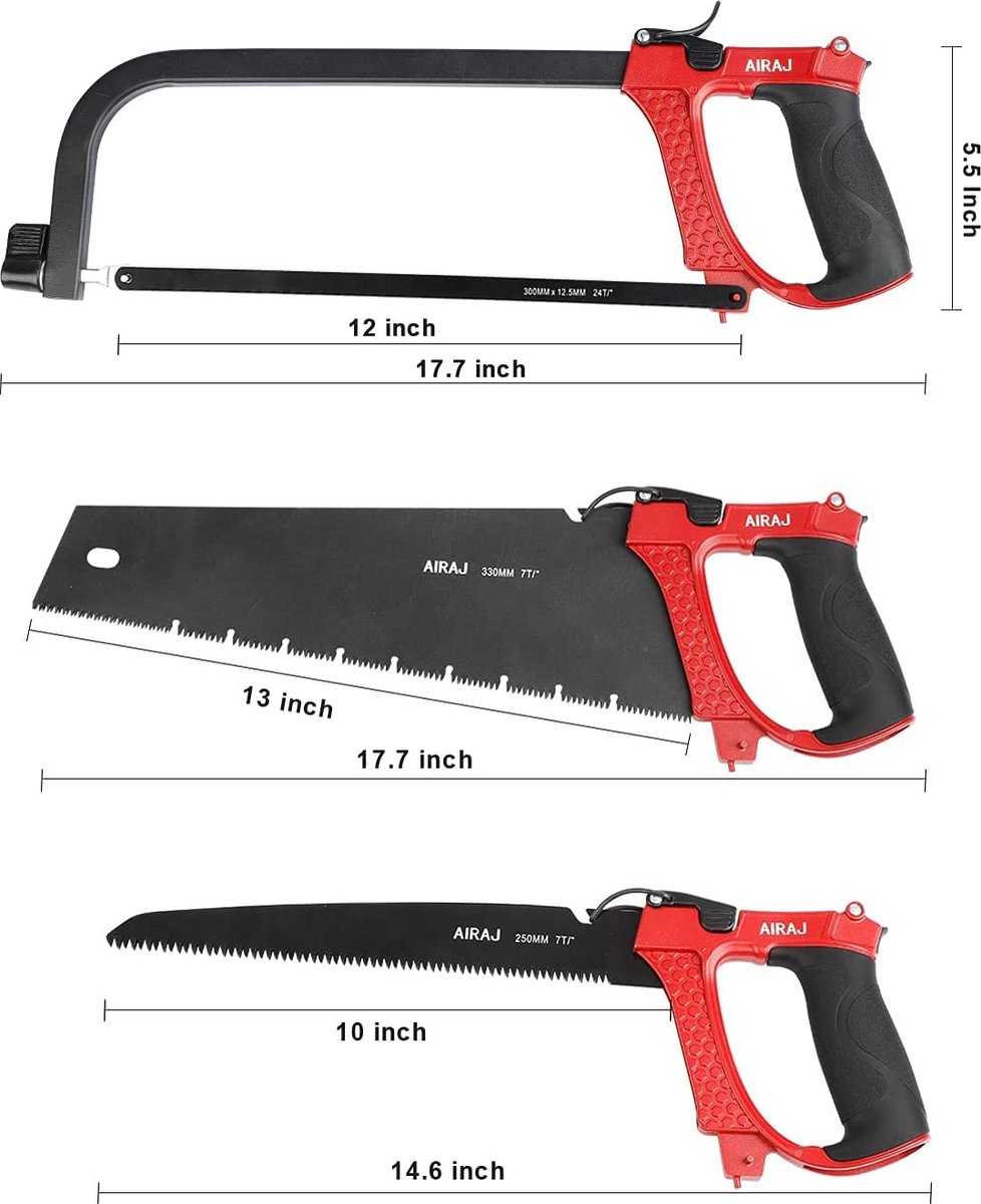 AIRAJ Metaalzaagset, 10 inch takkenzaag, 12 inch metaalzaag en 13 inch handzaag, met 9...