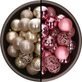 Kerstballen - 74x stuks - champagne en roze - 6 cm - kunststof