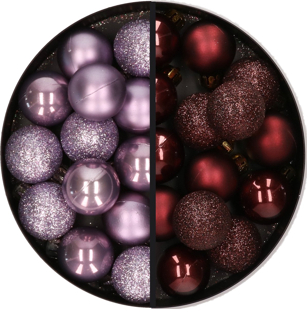 Kunststof kerstballen in lila paars en bruin, 28 stuks, 3 cm groot, kerstdecoratie met Merkloos label.
