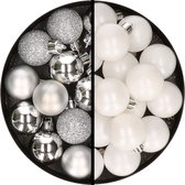 Kerstballen 36x stuks - 3 en 4 cm - zilver en wit - kunststof