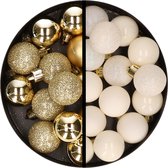 Kerstballen 34x st - 3 cm - goud en wolwit - kunststof