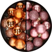 Kerstballen 34x st - 3 cm - koper en velvet roze - kunststof