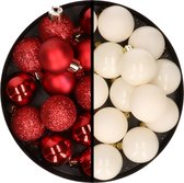 Kerstballen 36x stuks - 3 en 4 cm - rood en wol wit - kunststof