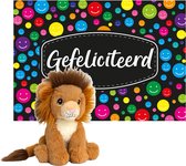 Keel toys - Cadeaukaart A5 Gefeliciteerd met superzacht knuffeldier leeuw 18 cm