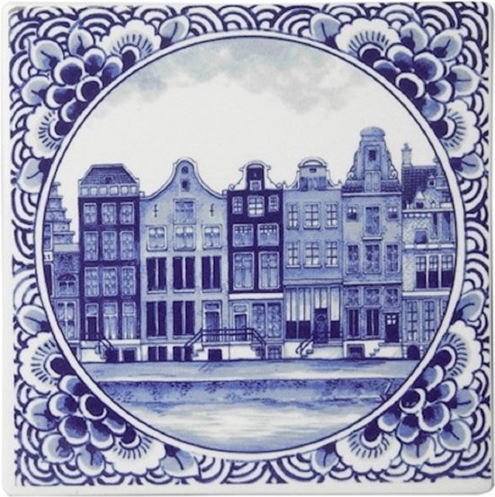 Tegel Grachtenpand | Delfts Blauw | Heinen Delfts Blauw | Souvenir | 13 x 13 cm