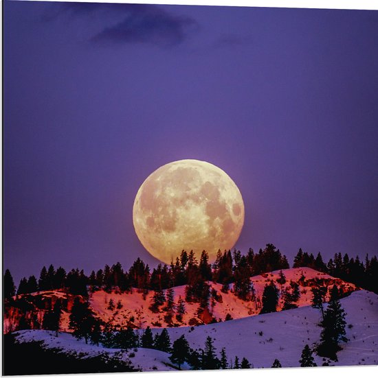 WallClassics - Dibond - Grande Pleine Lune sur Montagne enneigée - 80x80 cm Photo sur Aluminium (Décoration murale en métal)