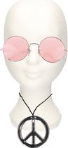 Hippie Flower Power verkleed set peace-teken ketting met ronde roze XL glazen zonnebril
