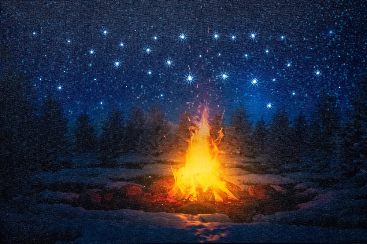 Kerst Schilderij kampvuur met Led 38X58Cm indoor
