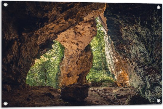 WallClassics - Poster de jardin - Grande grotte dans la forêt - 90 x 60 cm Photo sur poster de jardin (décoration murale pour extérieur et intérieur)