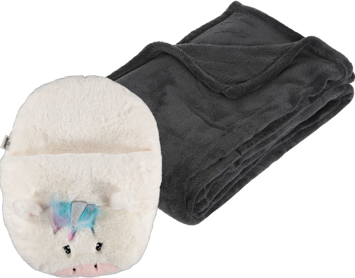 Goedkoopste Apollo - Fleece deken donkergrijs 125 x 150 cm met voetenwarmer slof eenhoorn one size