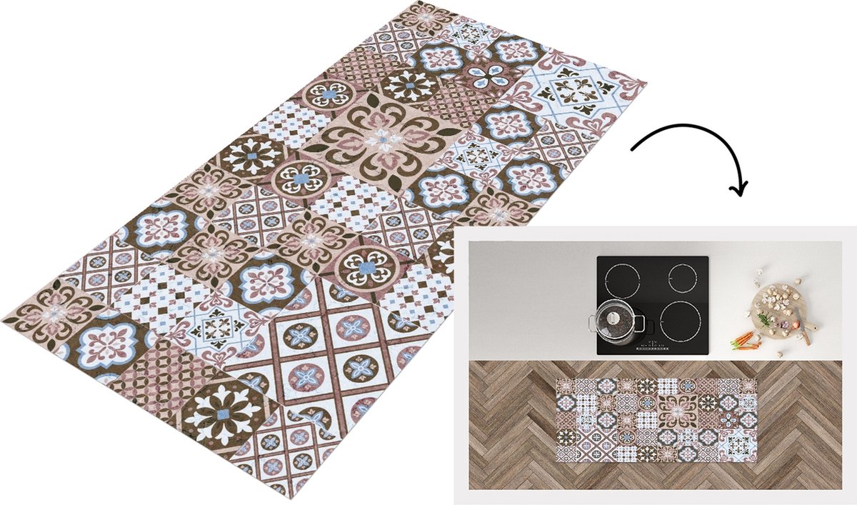 KitchenYeah Keukenloper - Loper keuken - Patronen - Vintage - Bruin - Bloemen - vormen - 120x50 cm - Keukenloper vinyl Multicolor