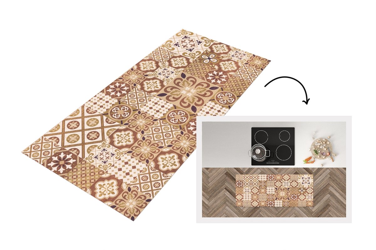 KitchenYeah Keukenloper - Loper keuken - Bloemen - Figuren - Vintage - Bruin - Design - 120x50 cm - Keukenloper vinyl Multicolor