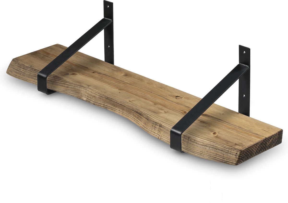 Wandplank Hout 60x20 cm Licht Bruin incl. Zwarte Stalen Plankdragers - Boomstam Plank – Boekenplank - Muurplank - Wandrek