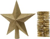 Kerstversiering kunststof glitter ster piek 19 cm en folieslingers pakket goud van 3x stuks - Kerstboomversiering