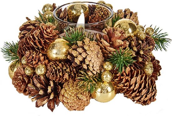 Kerst thema kaarsenhouder ornament gold/green nature 19 x 19 x 9 cm - Voor 1x kaarsjes - Tafel decoratie