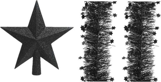 Zwarte piek in stervorm met twee bijpassende zwarte kerstslingers met sterretjes.